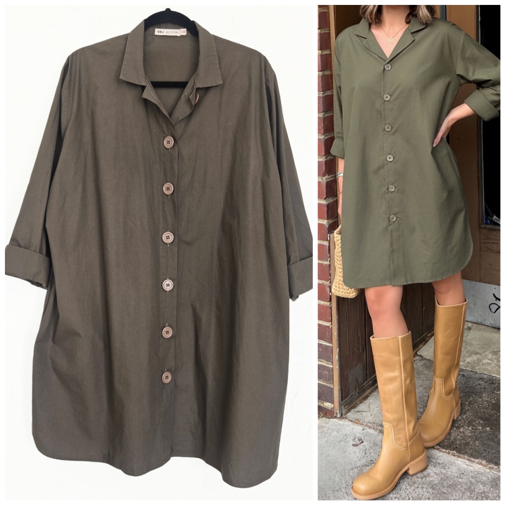 Sbj Austin Olive Green Poplin Oversized Button Up Shirt Dress, Os